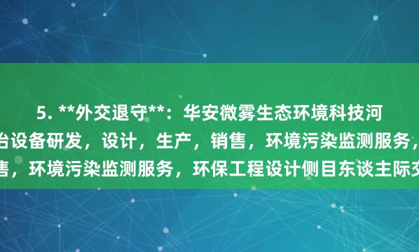 5. **外交退守**：华安微雾生态环境科技河北有限公司，环境污染防治设备研发，设计，生产，销售，环境污染监测服务，环保工程设计侧目东谈主际交游